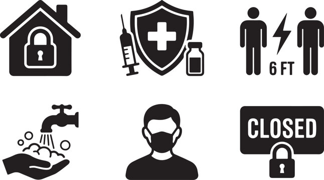 Public health safety icons showing lockdown measures vaccination social distancing hand washing face mask and shop closure warnings.