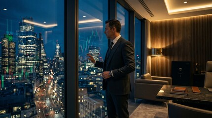 Fototapeta premium Luxury Investor Overlooking Financial District At Night