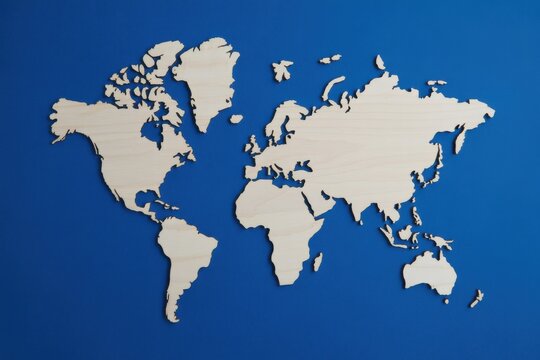 A gray map of the world is displayed on a blue background.