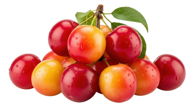 A cluster of fresh rainier cherries with water droplets and green leaves isolated against a solid black background