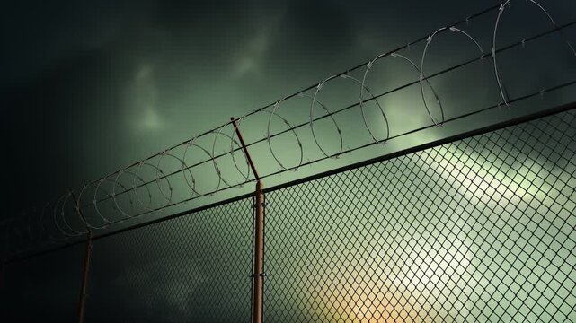 prison fence with barbed wire loop motion background