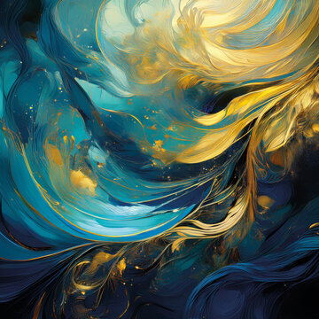 Vibrant abstract work in blue and golden