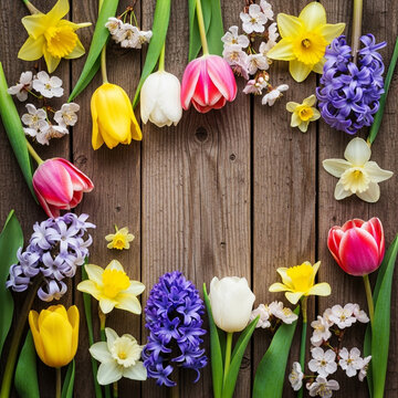 Easter eggs adorn a bouquet of vibrant yellow tulips and white daffodils with green leaves and pink ribbon.