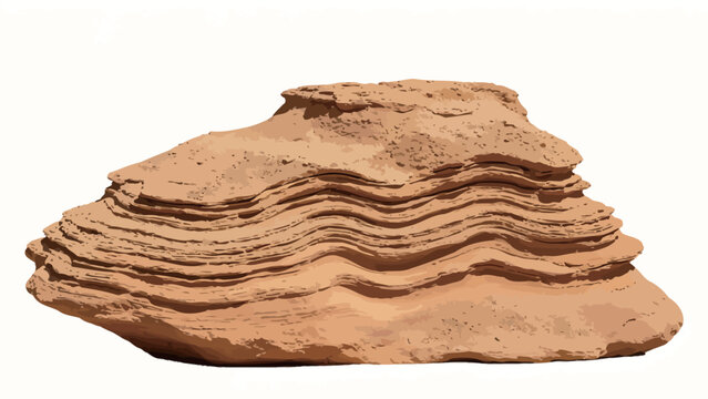 Isolated wind-eroded layered sedimentary sandstone formation with wavy horizontal stratification, warm desert tan color, displayed against plain white background