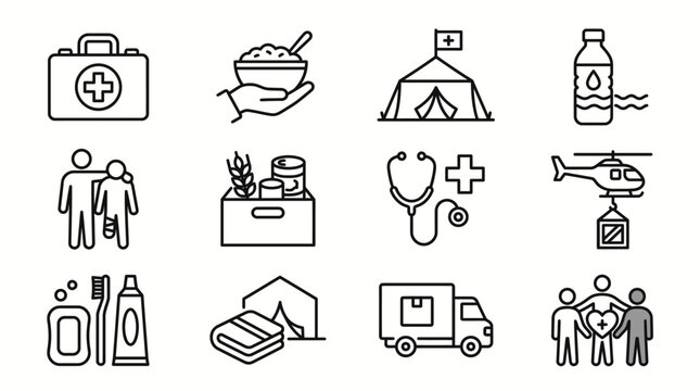 Set of line art icons depicting aid and humanitarian relief efforts, including medical supplies, food, shelter, and transportation