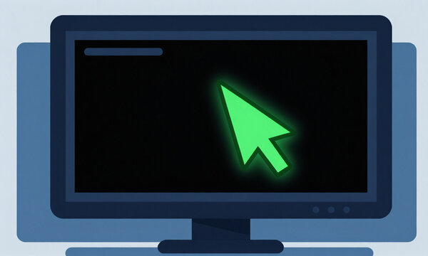 dark computer monitor soft blue backlighting reveals glowing green cursor blinking rapidly black screen