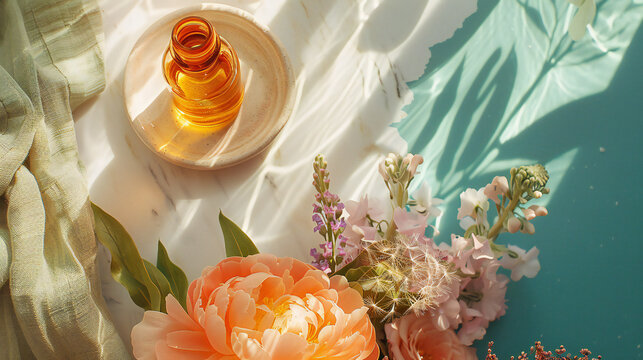 Amber‑glass Leucovorin vial flat lay with floral bouquet on ceramic plate, warm sunlight, symmetrical composition &ndash; studio lighting