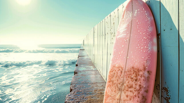 Sun‑drenched California coastal pier with vibrant surfboard, blue ocean and clear sky, commercial photography, 24mm f/8 deep depth of field