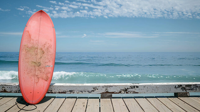 Sun‑drenched Californian pier with vibrant surfboard, bright sky and sparkling ocean &ndash; clean commercial style