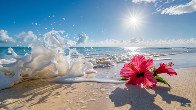 Tropical beach sunrise with hibiscus petals backlit and crashing waves, macro close‑up, warm golden tones, luxurious finish