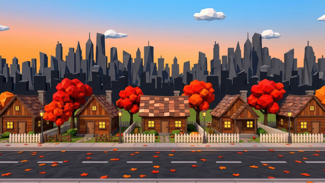 Autumn suburban street with red trees and fallen leaves.