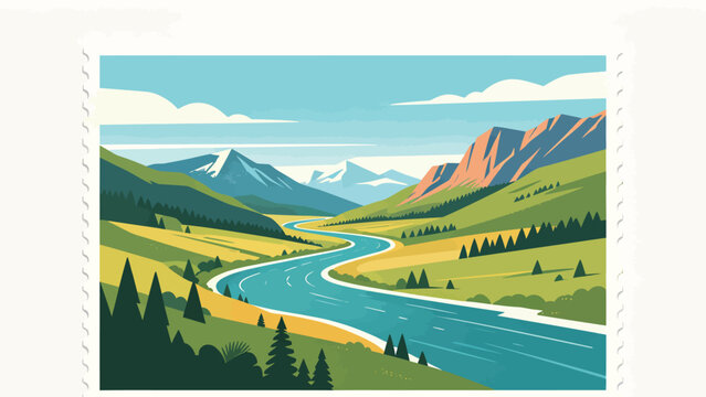Flat Vector Illustration Postage Stamp of Serene Sunlit Alpine Valley, Winding Turquoise River, Rolling Green Meadows, Snow-Capped Distant Peaks, Sunlit Rocky Cliffs, Evergreen Pine Forests