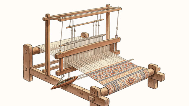 Vintage ink and watercolor technical illustration of a traditional wooden tabletop loom with partially woven geometric folk textile and weaving shuttle