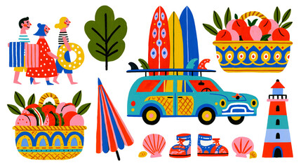 Naklejka premium Vibrant beach vacation illustration set showing people walking with towels, surfboards on a blue station wagon car, fruit baskets, umbrella, lighthouse, and sea shells