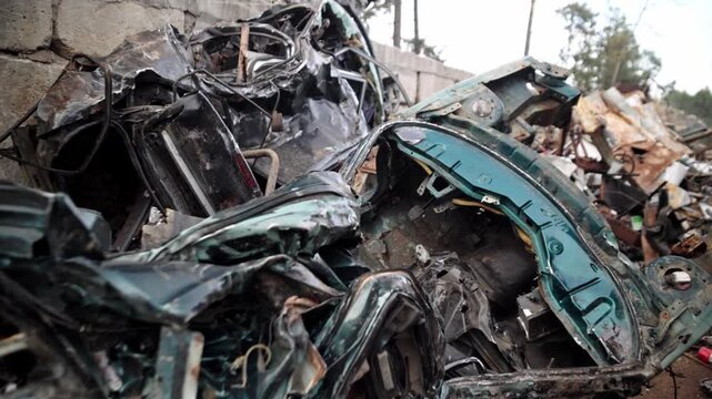 
Recycling of old cars. Automotive scrap. Recycling. Ecology and the environment. Scrap metal from old, destroyed cars. Metal recycling.