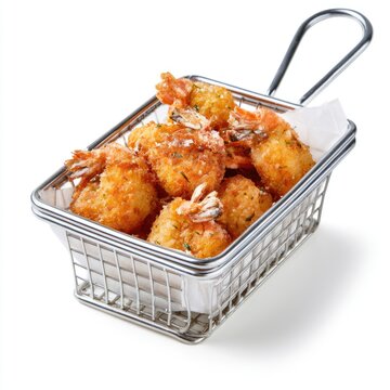 Crispy golden fried shrimp served in a small metal basket lined with white paper, perfect as a tasty appetizer or snack.