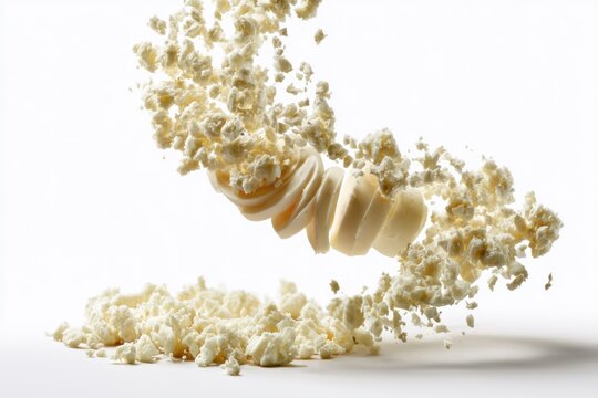 A dynamic photo of popcorn popping from a twisted butter swirl, with kernels bursting and flying in mid-air against a white background.