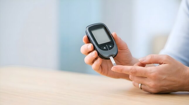 Patient Checking Blood Glucose Level with Portable Electronic Meter Device Close Up