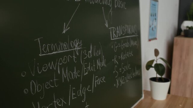 Close up tilt down no people hot of school chalkboard with summary of basics of 3D modeling
