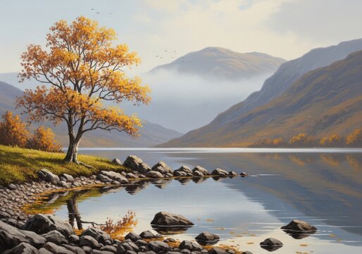Autumn tree by a calm mountain lake