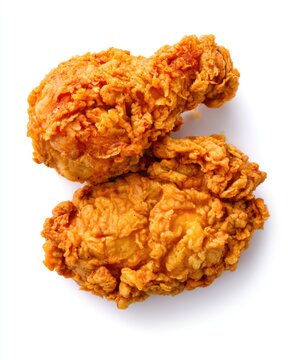 Two crispy, golden-brown fried chicken drumsticks on a white background.