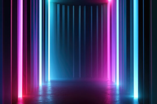 A futuristic corridor illuminated by vibrant pink and blue neon lights with a reflective floor, creating a sleek and immersive visual experience.