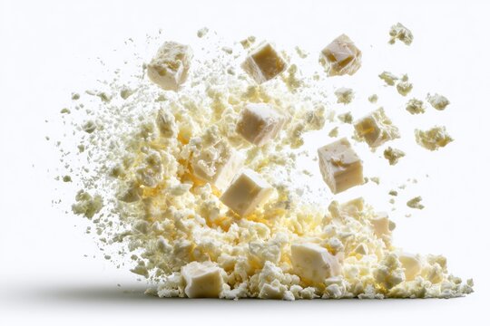 Cubes of soft white feta cheese scattered and crumbled against a white background.