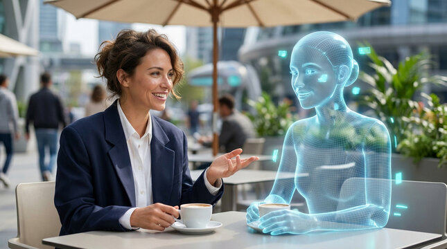 Woman in business attire converses with a holographic AI assistant at an outdoor cafe
