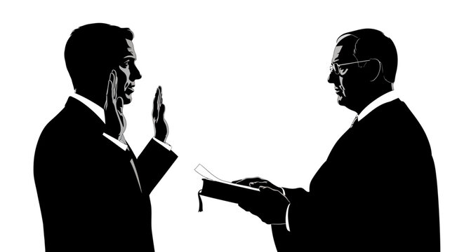 Two men in suits taking an oath with a judge holding a book on a white background