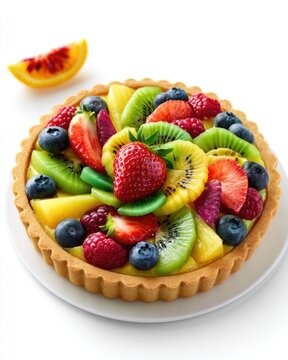 A colorful fruit tart topped with strawberries, kiwi, blueberries, raspberries, and pineapple slices on a white plate with a citrus wedge nearby.