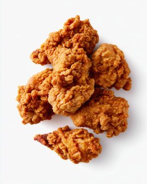 Crispy, golden-brown fried chicken pieces stacked on a white background.