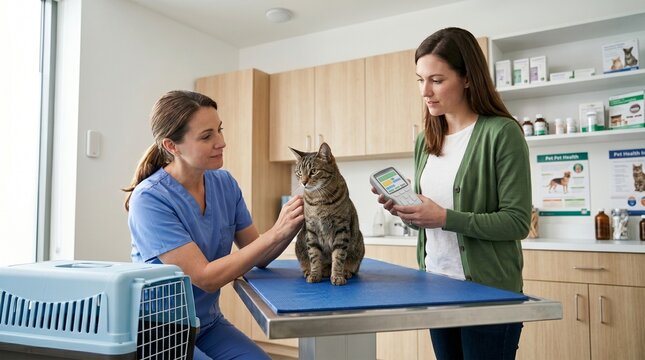 Veterinarian interprets cat stress signals with adaptive pet tech