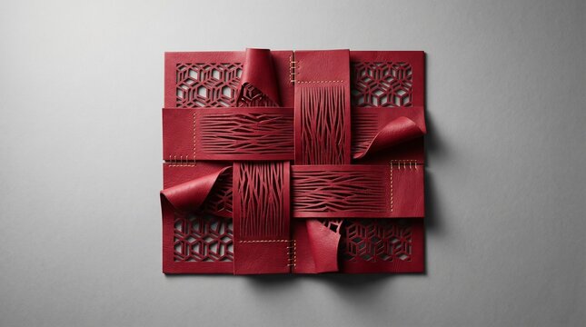 Deep crimson laser-cut leather with parametric couture pattern