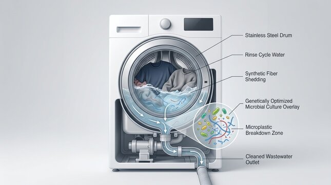 Washing machine with microbial microplastic breakdown concept