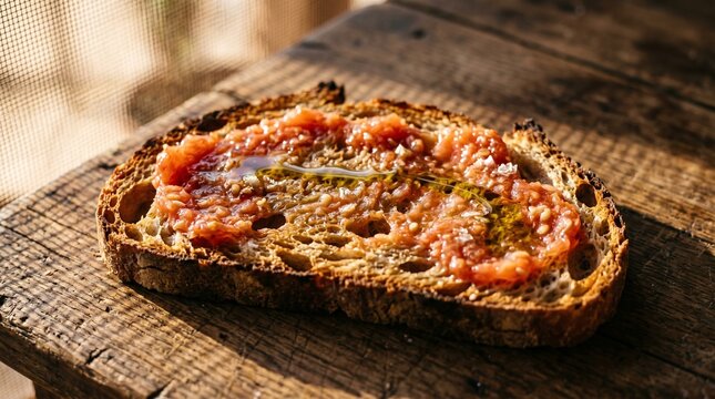 Pan con tomate close-up with warm Iberian golden hour shadows