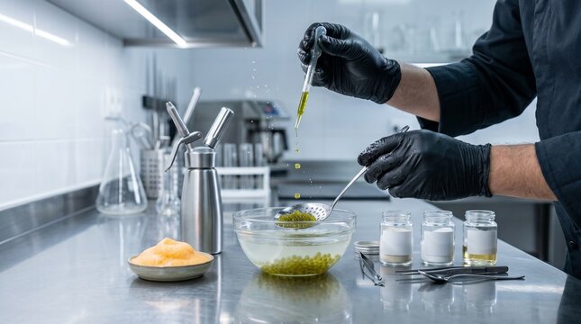 Chef preparing molecular Spanish cuisine in stainless steel kitchen