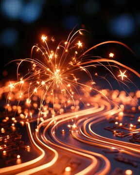 Bright, glowing sparks burst from a circuit board, blending technology and celebration in a visually striking display of light and energy.
