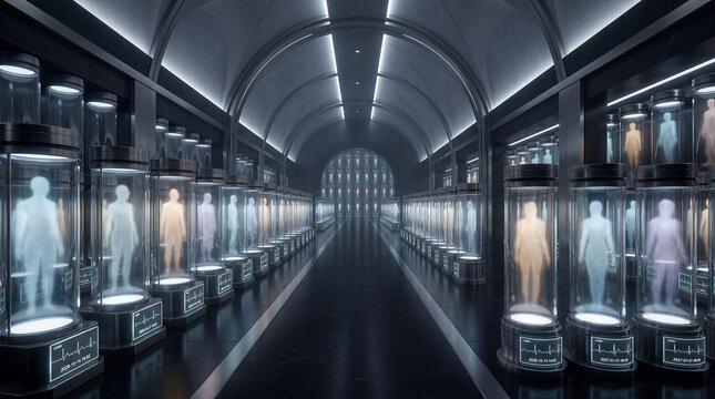 Ethereal forms glow softly within countless cylindrical chambers lining a futuristic archival corridor