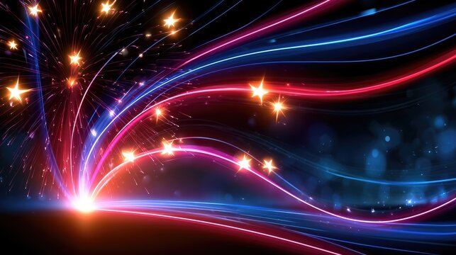 Bright red, white, and blue fireworks explode against a dark sky with sparkling stars and streaks of light creating a festive and dynamic display.