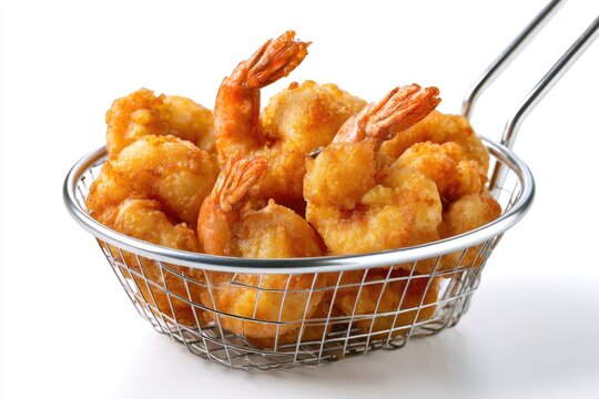 A basket filled with crispy, golden-brown fried shrimp against a white background.