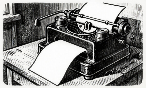warm soft light illuminates antique brass telegraph machine meticulously prints blank paper strip weathered wooden