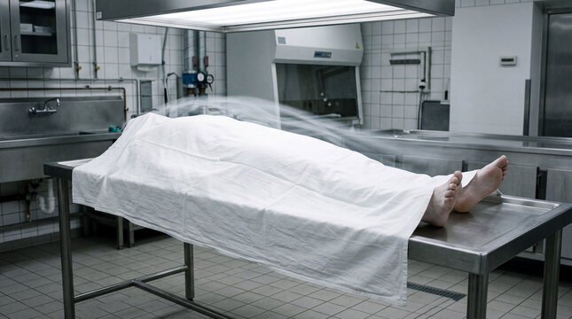 Lingering whispers of life on a cold steel slab, a somber stillness in the clinical realm