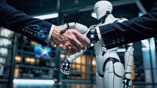 Robot handshake with businessman in modern office. Collaboration between human and AI technology creates innovative solutions. Futuristic atmosphere enhances partnership potential.