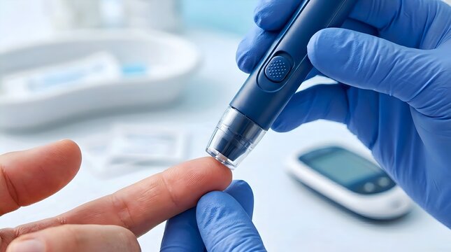 Medical Professional in Blue Gloves Helping Patient Use Lancet Device for Finger Prick Blood Test