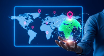 Fototapeta premium person holding glowing green earth with global network connections