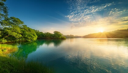 Naklejka premium Paisagem De Lago Sereno Com Arvores Verdes Exuberantes Ao Por Do Sol