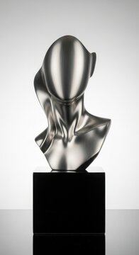 Metallic sculpture, abstract human bust, shiny silver statue, modern art