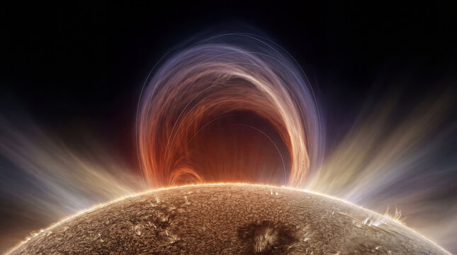 Cosmic ballet of superheated plasma erupting from the Sun a breathtaking spectacle of celestial energy and light