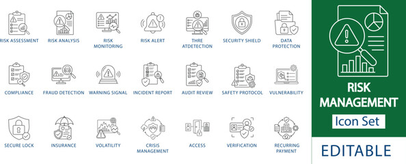 risk management icon set: professional corporate compliance and audit review, cybersecurity threat detection and data protection, financial volatility and insurance line icons © ICON37