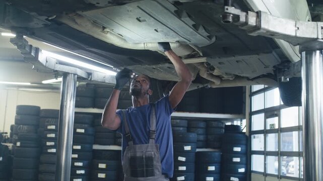 African American auto mechanic inspecting the underside of a car using a torch at a professional repair service with tyres and tools.